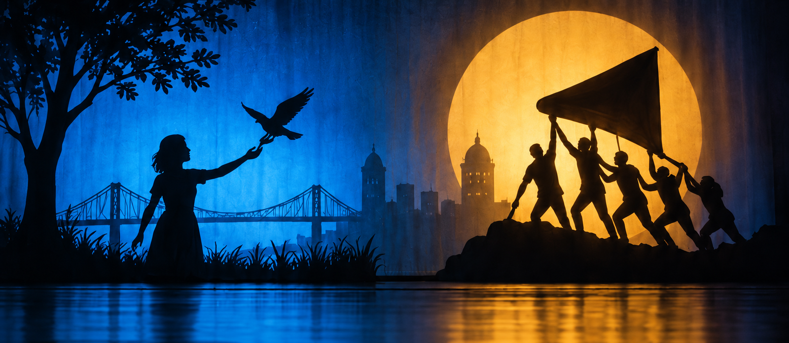 Ilustração artística de teatro de sombras em luzes azuis e douradas